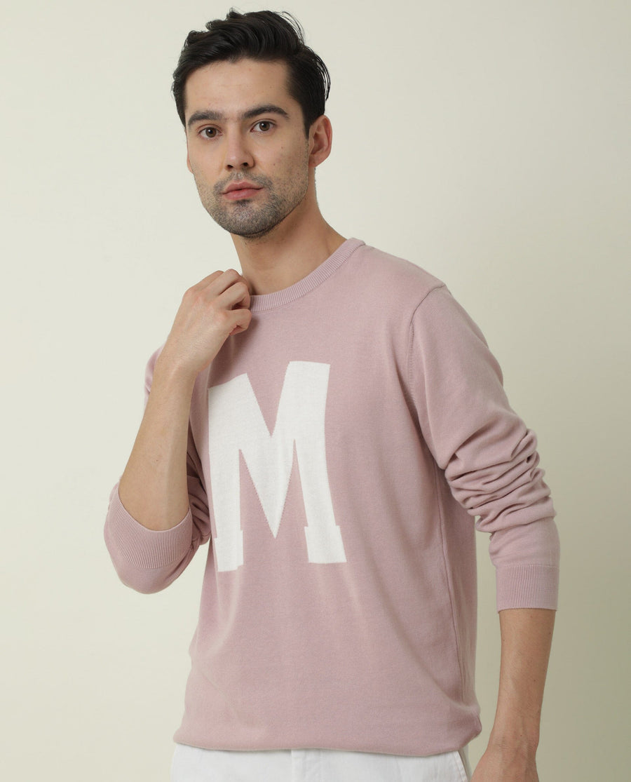 Rare Rabbit Men's Avitt Pink Cotton Jacquard Regular Fit Full Sleeve Crew Neck Sweater
