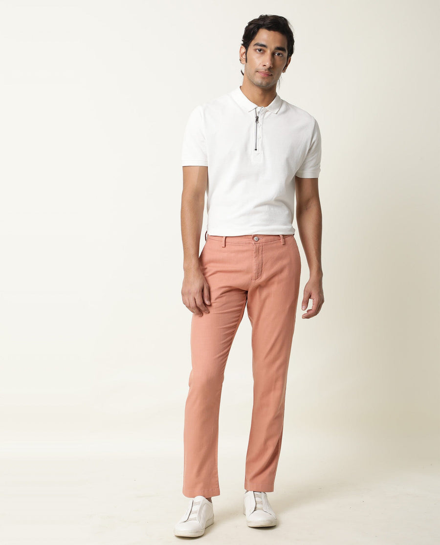 Rare Rabbit Men's Corn Pink Cotton Plain Regular Fit Trouser