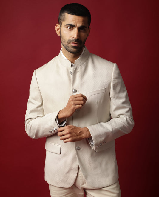 Rare Rabbit Men's Elsie Beige Polyester Jacquard Tailored Fit Full Sleeve Mandarin Collar Bandhgala Jodhpuri