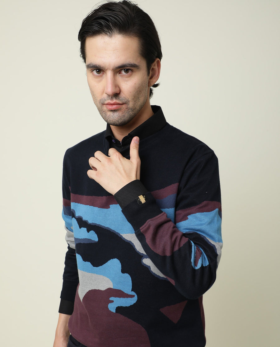 Rare Rabbit Men's Hill Navy Cotton Jacquard Slim Fit Full Sleeve Crew Neck Sweatshirt