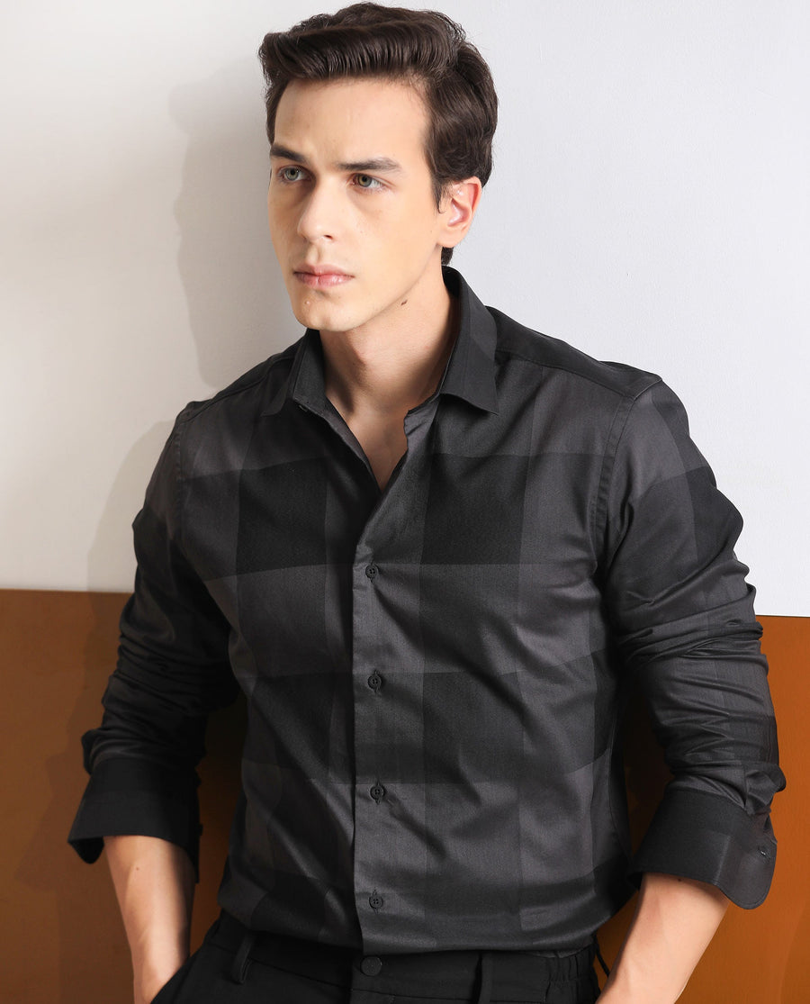 Rare Rabbit Men's Santhe Black Cotton Checked Print Regular Fit Full Sleeve Collared Shirt