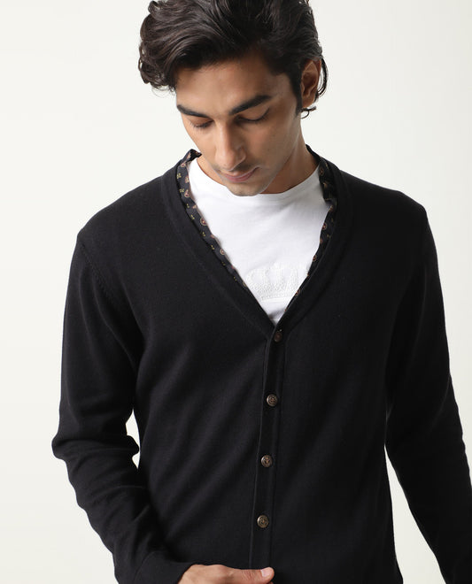 Rare Rabbit Men's Richer Black Cotton Plain Relaxed Fit Full Sleeve V-Neck Sweater
