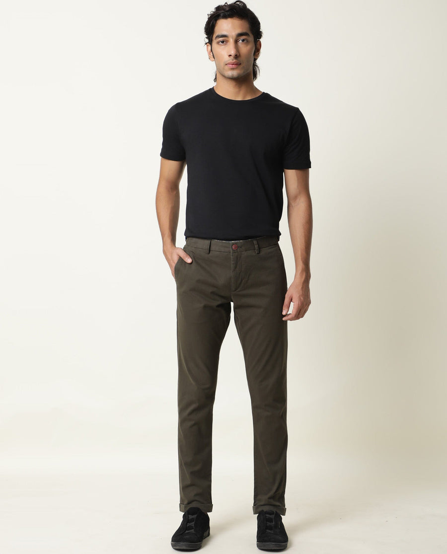 Rare Rabbit Men's Trews-22 Olive Cotton Plain Regular Fit Trouser
