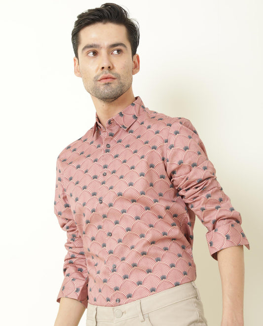 Rare Rabbit Men's Bowy Pink Cotton Geometric Print Regular Fit Full Sleeve Collared Shirt