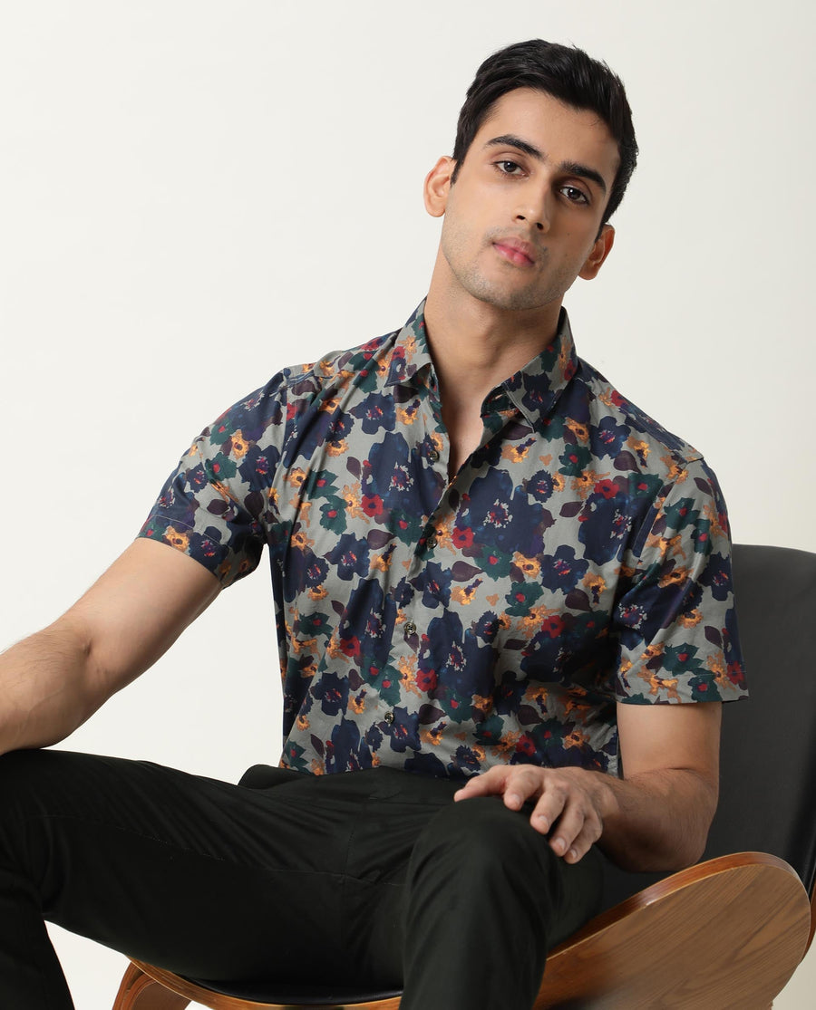 Rare Rabbit Men's Vishh Green Cotton Floral Print Regular Fit Half Sleeve Collared Shirt