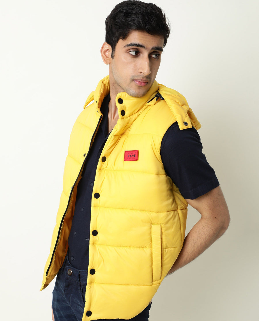 Rare Rabbit Men's Depot Yellow Nylon Plain Slim Fit Sleeveless Hooded Jacket