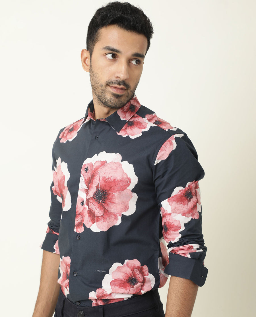 Rare Rabbit Men's Nethers Navy Cotton Floral Print Regular Fit Full Sleeve Collared Shirt