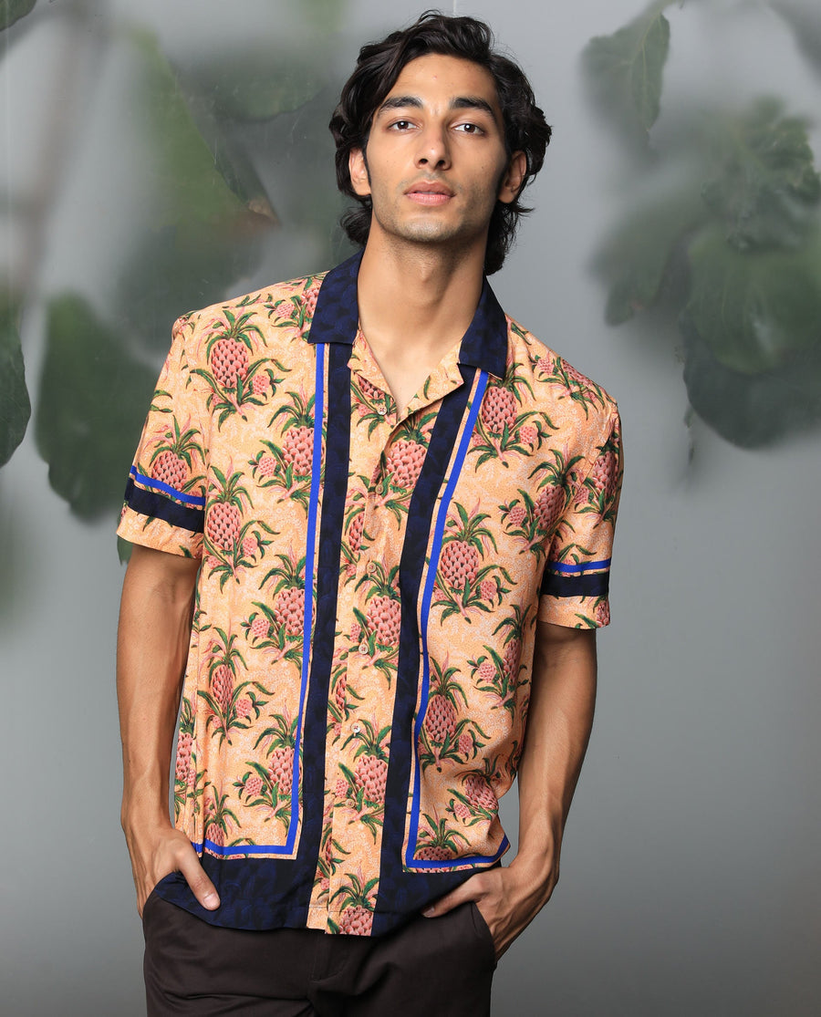 Rare Rabbit Men's Banes Beige Viscose Floral Print Regular Fit Half Sleeve Cuban Collar Shirt