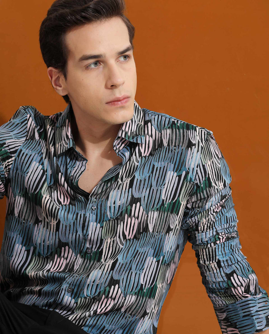 Rare Rabbit Men's Alvin Black Viscose Abstract Print Regular Fit Full Sleeve Collared Shirt