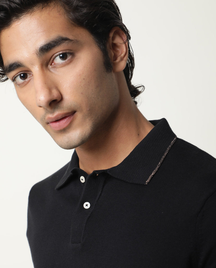 Rare Rabbit Men's Kefa Black Cotton Plain Slim Fit Half Sleeve Polo
