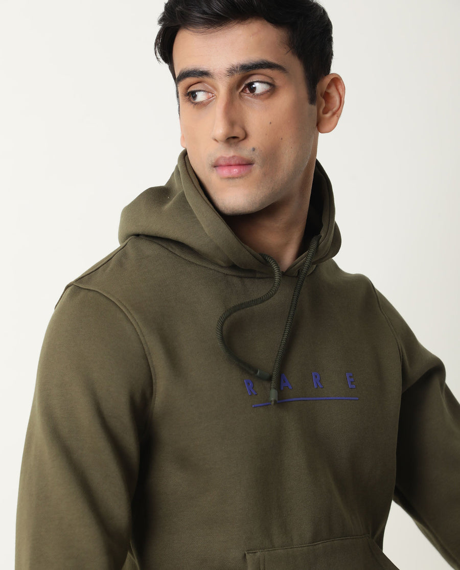 Rare Rabbit Men's Omi Olive Cotton Graphic Print Relaxed Fit Full Sleeve Hooded Sweatshirt