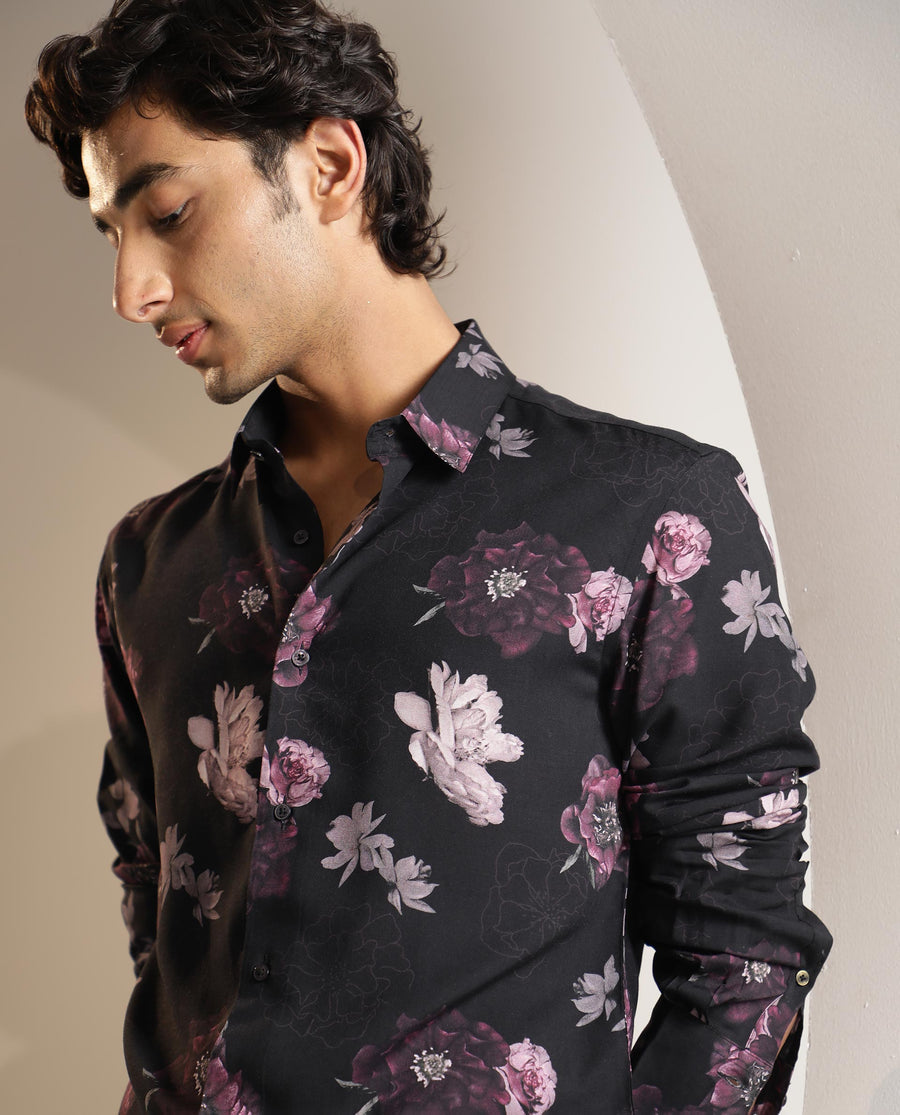 Rare Rabbit Men's Boro Purple Viscose Floral Print Regular Fit Full Sleeve Collared Shirt