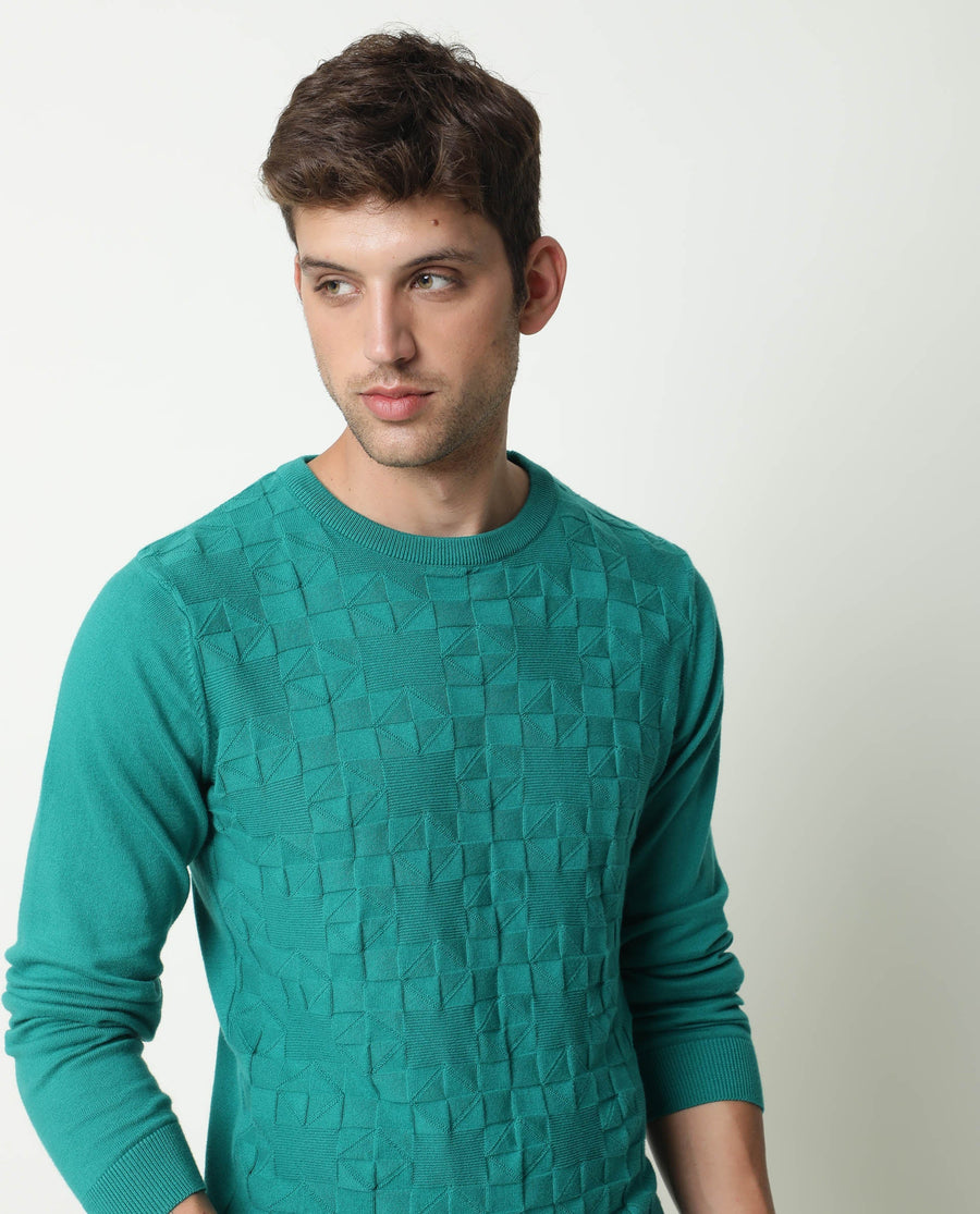 Rare Rabbit Men's Russ Green Cotton Textured Relaxed Fit Full Sleeve Crew Neck Sweater