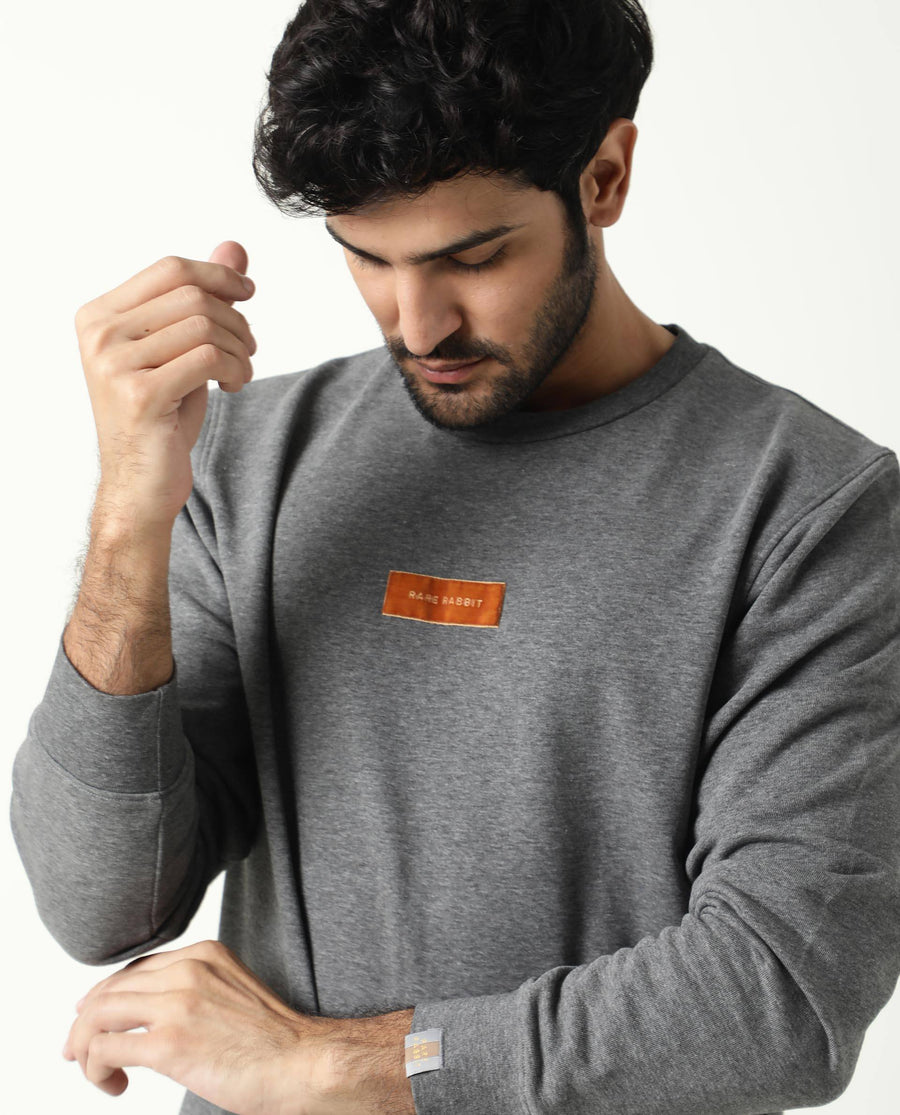 Rare Rabbit Men's Velveto Grey Cotton Plain Regular Fit Full Sleeve Crew Neck Sweatshirt