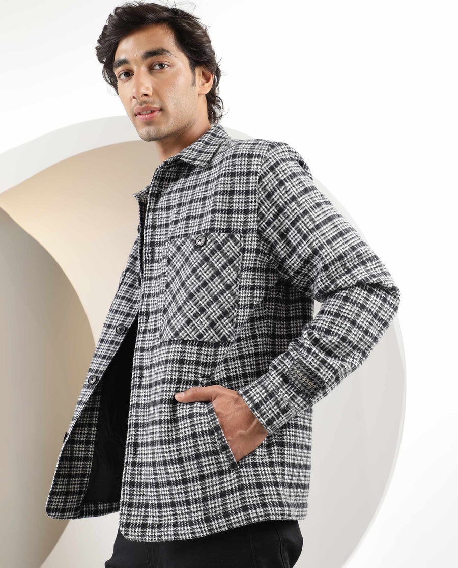 Rare Rabbit Men's Maxon Black Checked Print Regular Fit Full Sleeve Collared Jacket