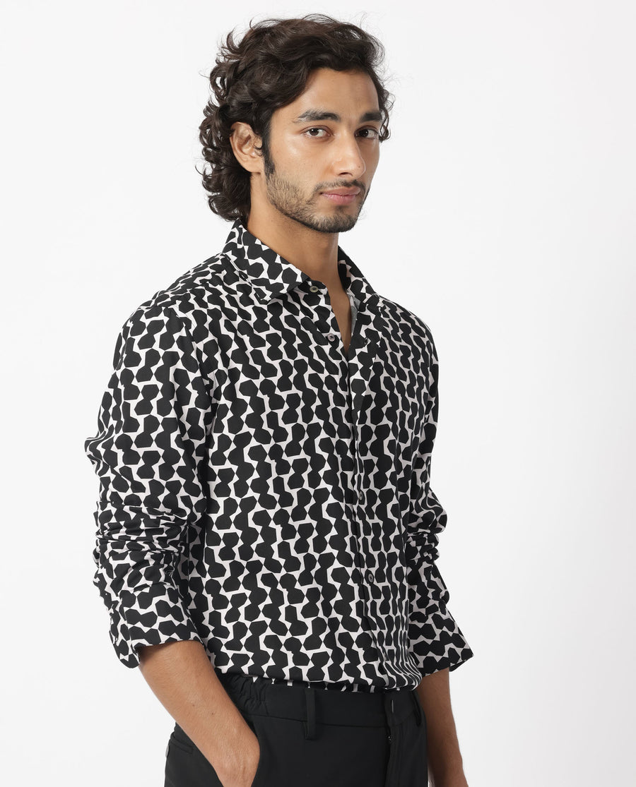 Rare Rabbit Men's Hexo Purple Viscose Geometric Print Regular Fit Full Sleeve Collared Shirt