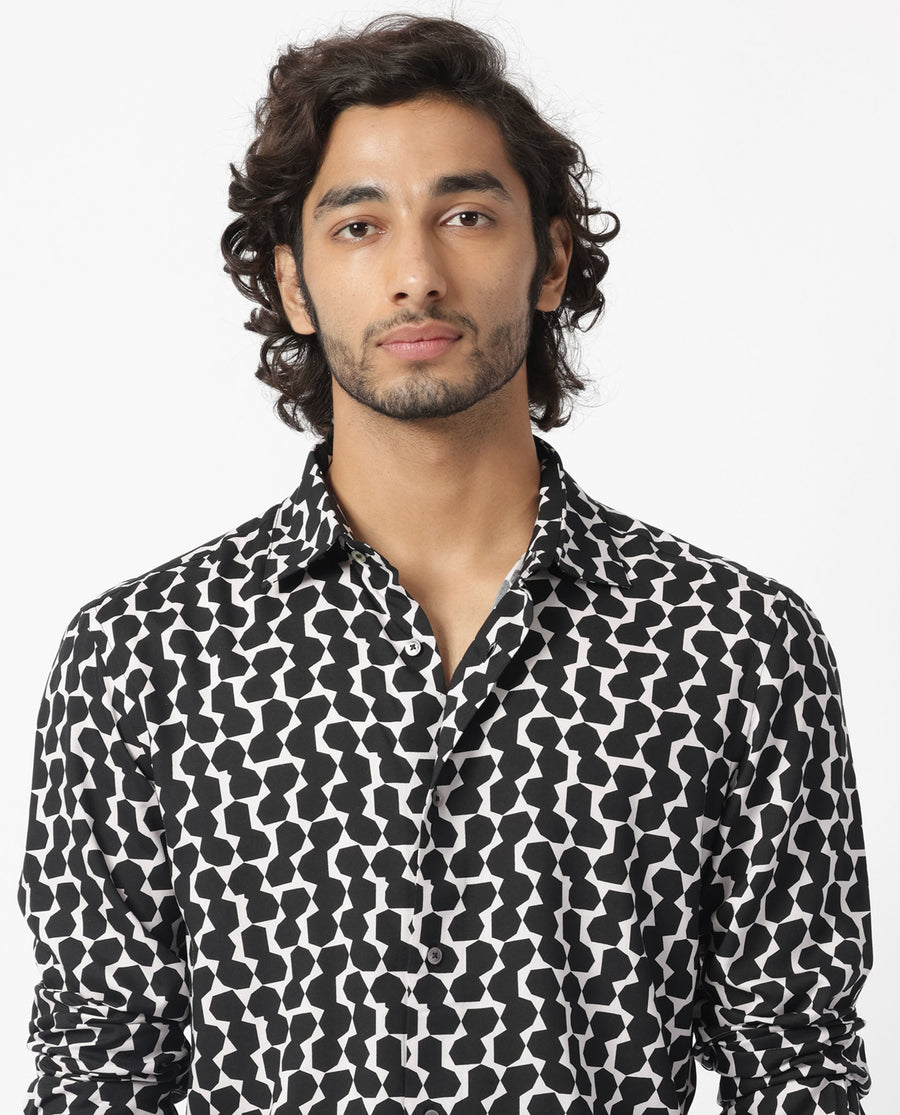 Rare Rabbit Men's Hexo Purple Viscose Geometric Print Regular Fit Full Sleeve Collared Shirt
