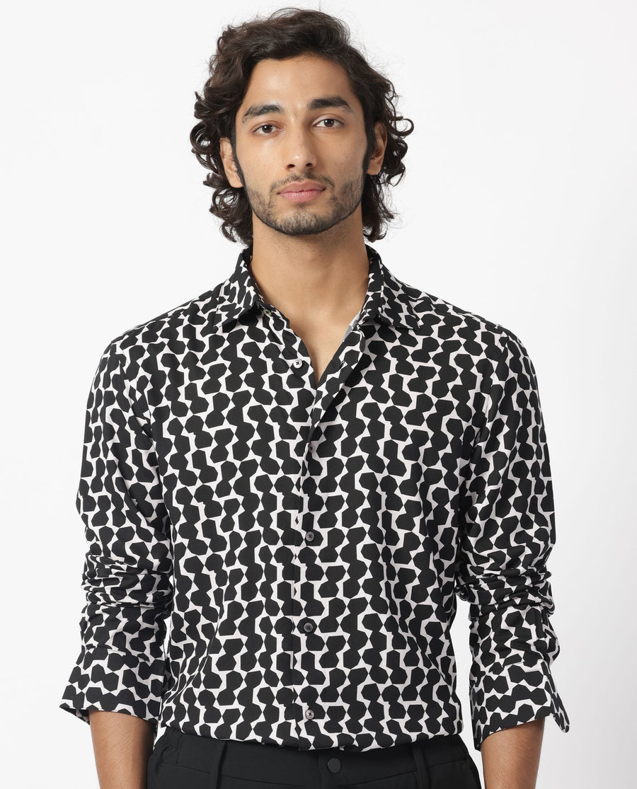 Rare Rabbit Men's Hexo Purple Viscose Geometric Print Regular Fit Full Sleeve Collared Shirt