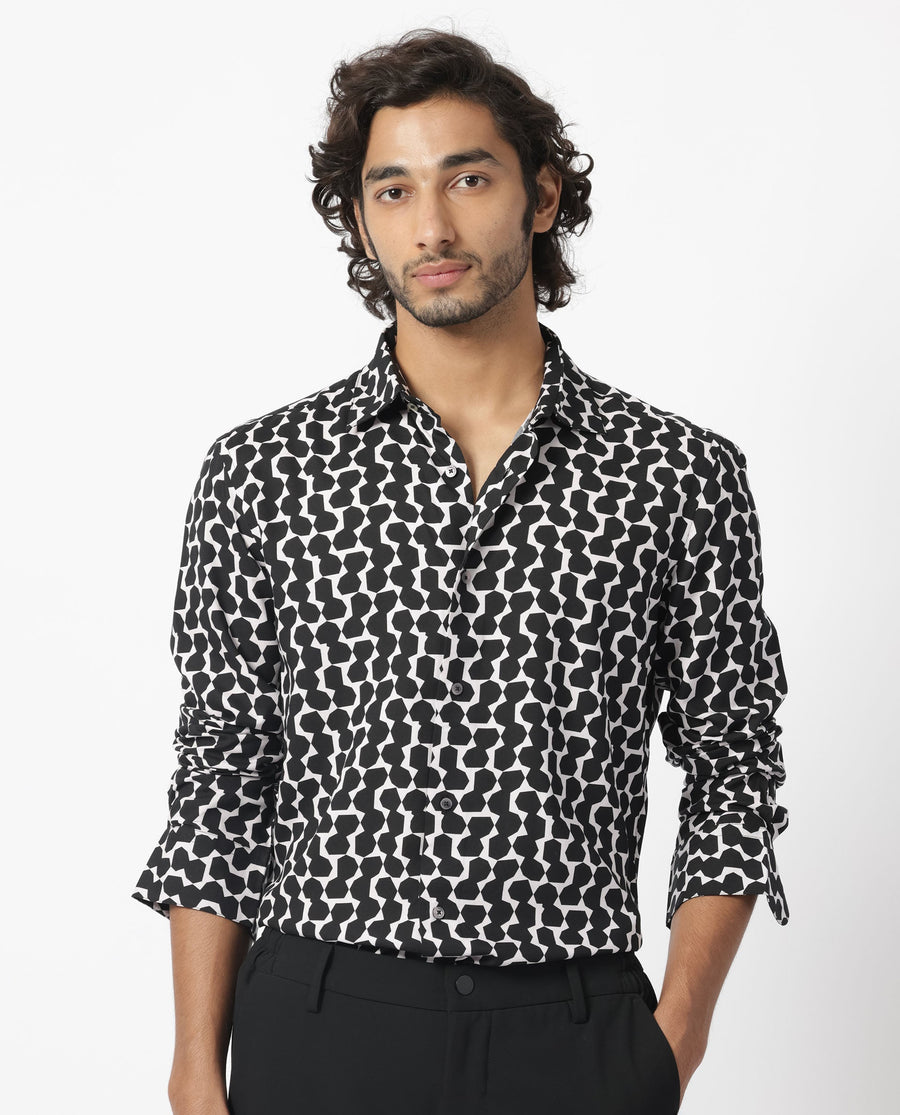 Rare Rabbit Men's Hexo Purple Viscose Geometric Print Regular Fit Full Sleeve Collared Shirt