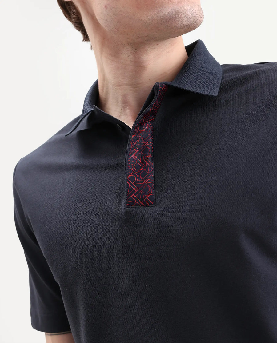 Rare Rabbit Men's Hin-S26 Navy Cotton Blend Fabric Half Sleeve Spread Collar Regular Fit Plain Polo