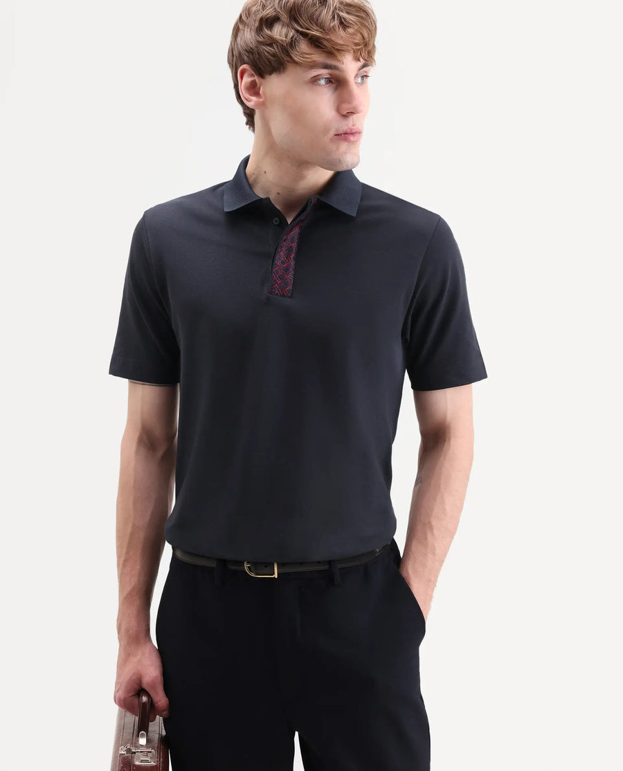 Rare Rabbit Men's Hin-S26 Navy Cotton Blend Fabric Half Sleeve Spread Collar Regular Fit Plain Polo