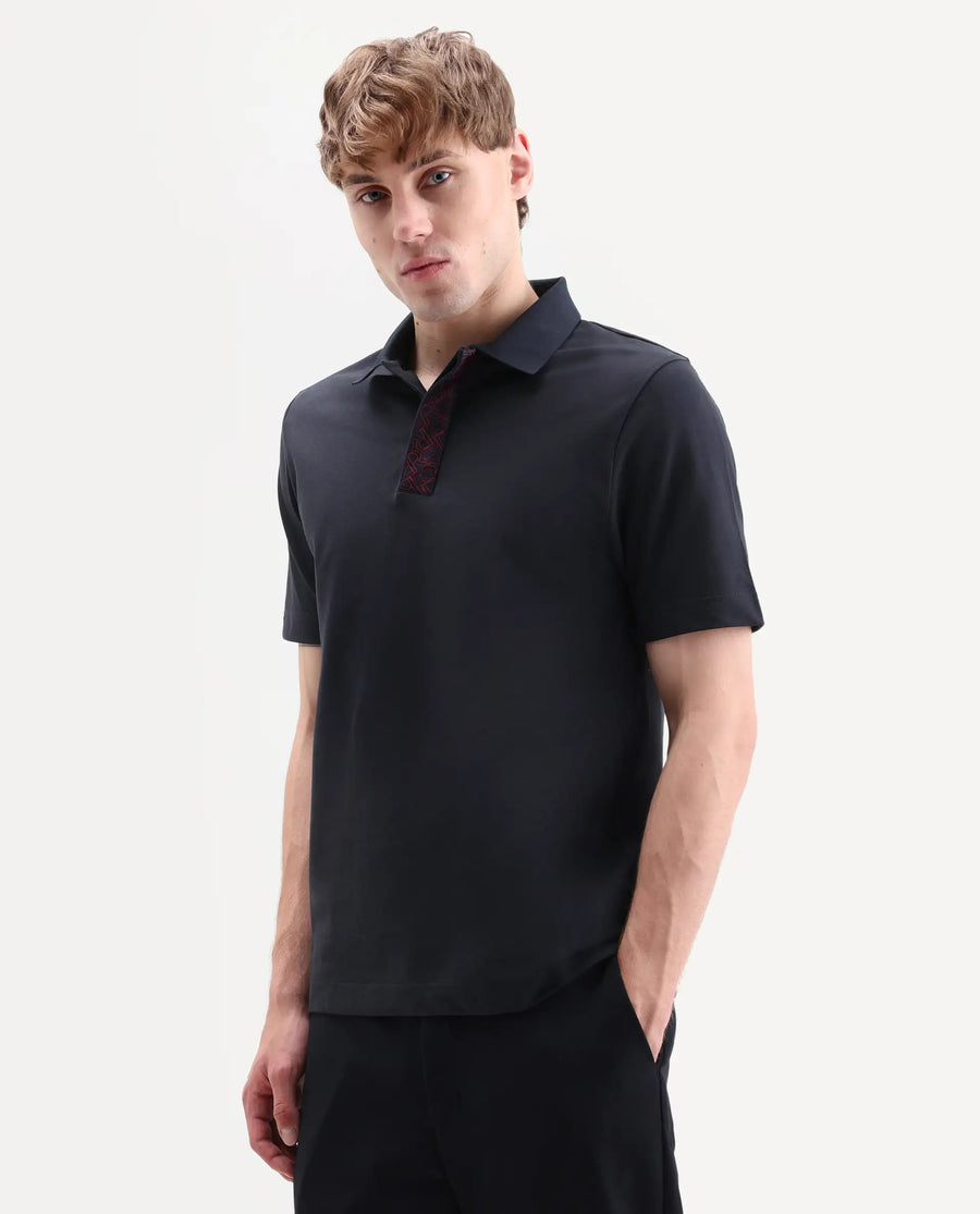 Rare Rabbit Men's Hin-S26 Navy Cotton Blend Fabric Half Sleeve Spread Collar Regular Fit Plain Polo