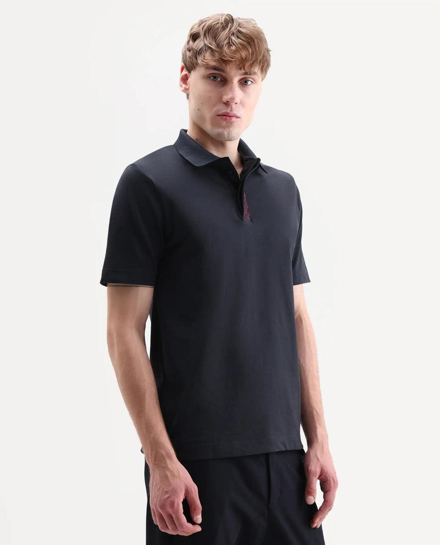 Rare Rabbit Men's Hin-S26 Navy Cotton Blend Fabric Half Sleeve Spread Collar Regular Fit Plain Polo