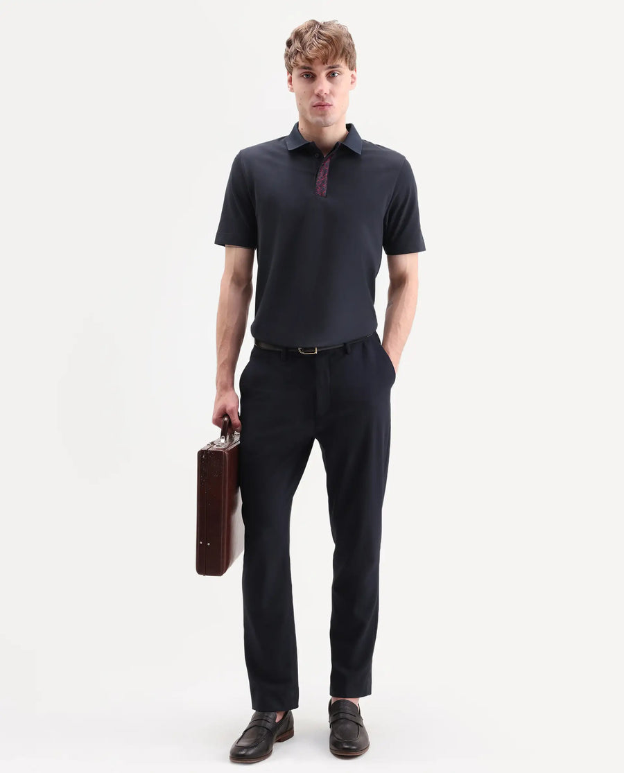 Rare Rabbit Men's Hin-S26 Navy Cotton Blend Fabric Half Sleeve Spread Collar Regular Fit Plain Polo