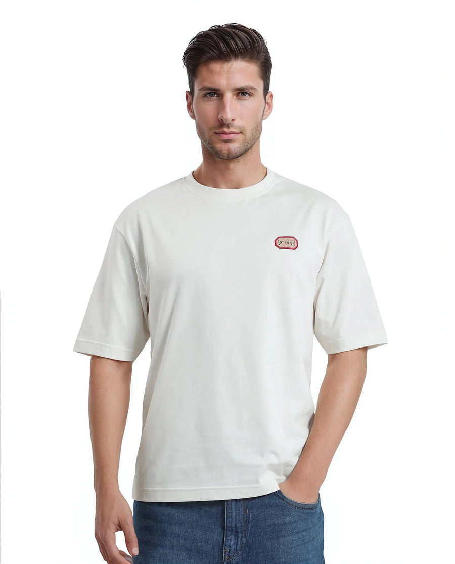 Rare Rabbit Men's Hirm Off White Cotton Graphic Print Qlo Fit Half Sleeve Crew Neck T-Shirt