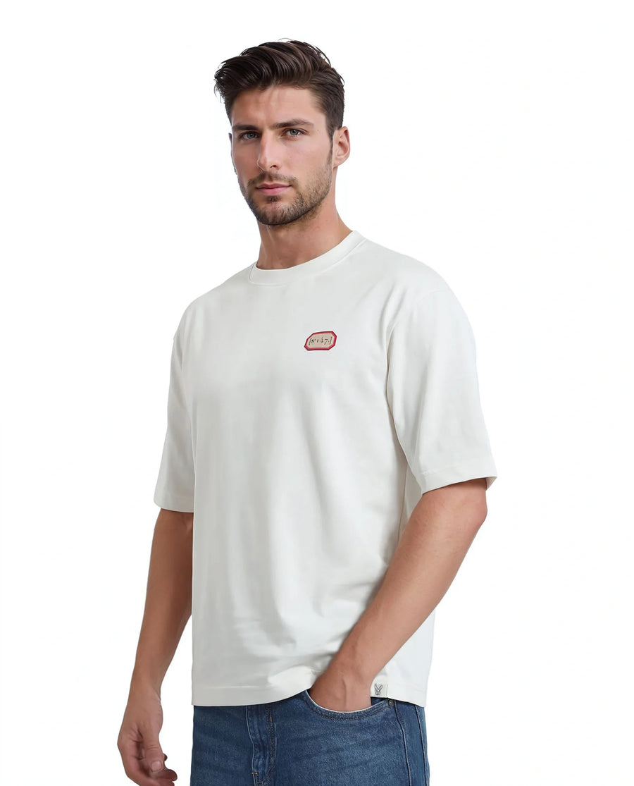 Rare Rabbit Men's Hirm Off White Cotton Graphic Print Qlo Fit Half Sleeve Crew Neck T-Shirt