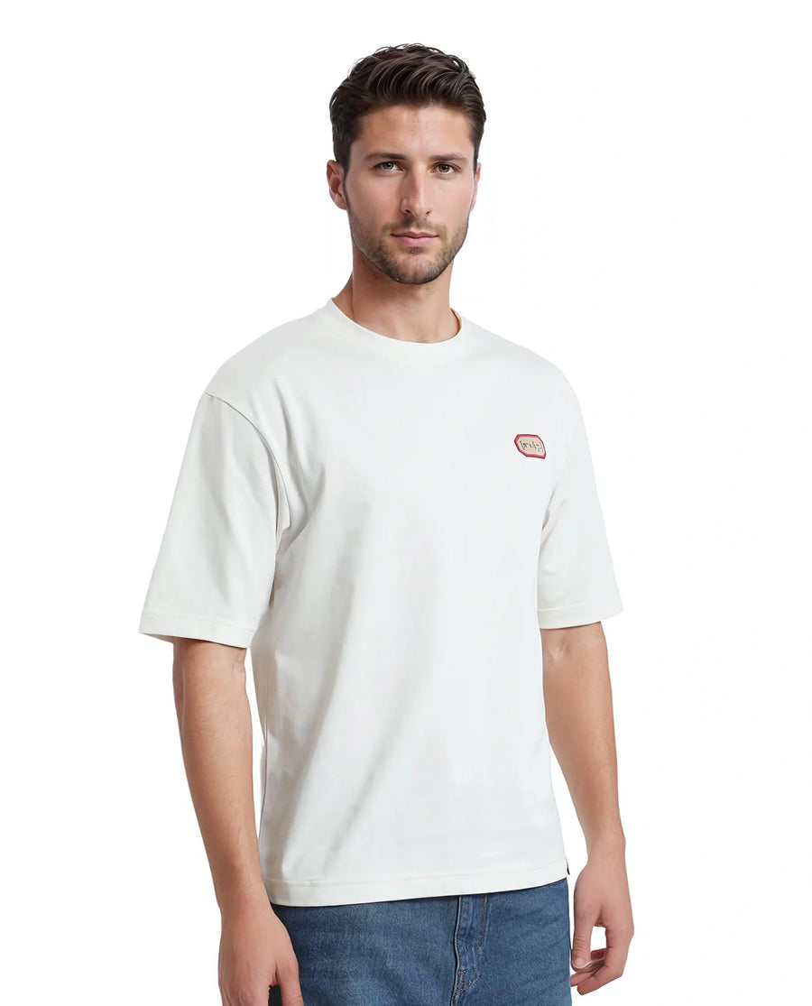 Rare Rabbit Men's Hirm Off White Cotton Graphic Print Qlo Fit Half Sleeve Crew Neck T-Shirt