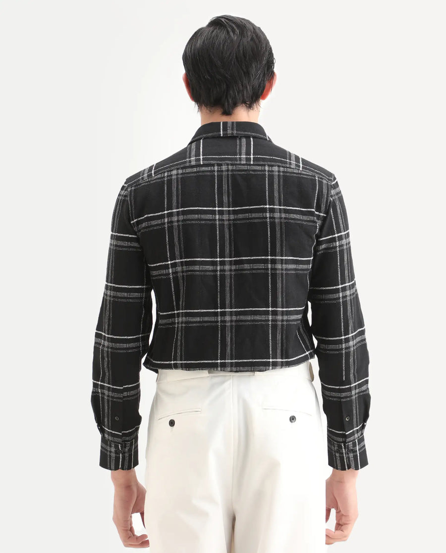 Rare Rabbit Men's Hitra Black Cotton Blend Fabric Full Sleeve Spread Collar Regular Fit Checks Shirt