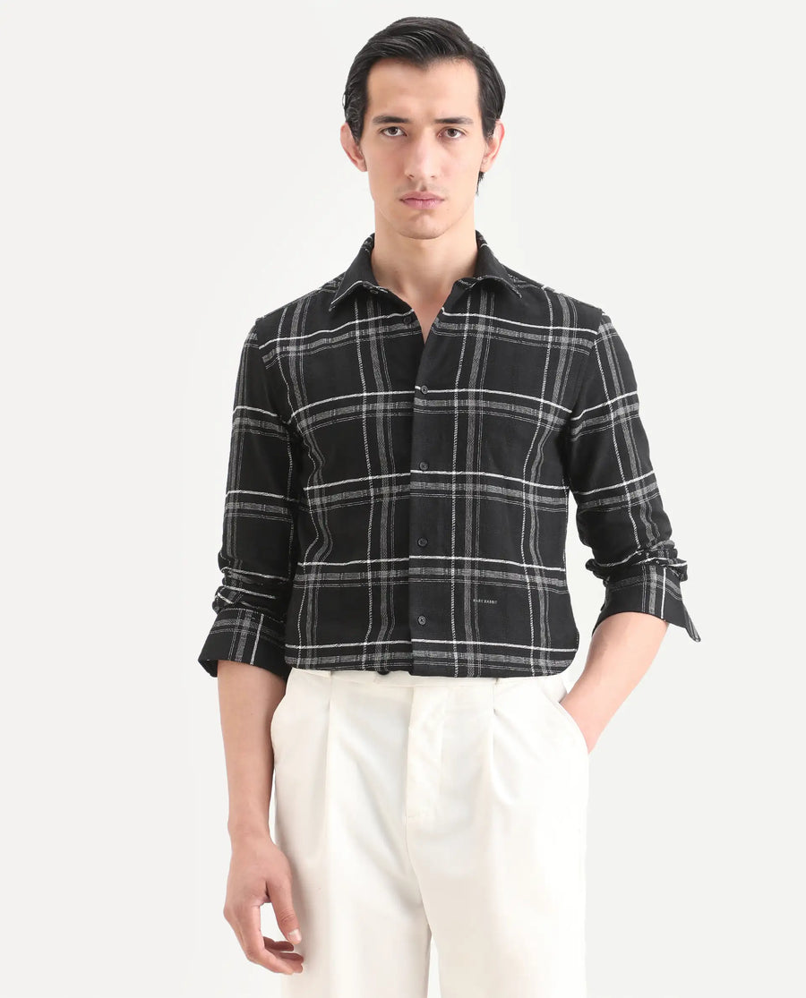 Rare Rabbit Men's Hitra Black Cotton Blend Fabric Full Sleeve Spread Collar Regular Fit Checks Shirt