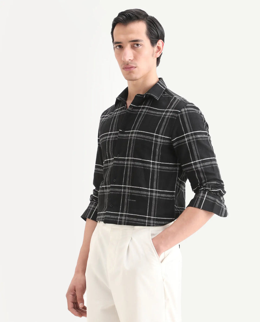 Rare Rabbit Men's Hitra Black Cotton Blend Fabric Full Sleeve Spread Collar Regular Fit Checks Shirt