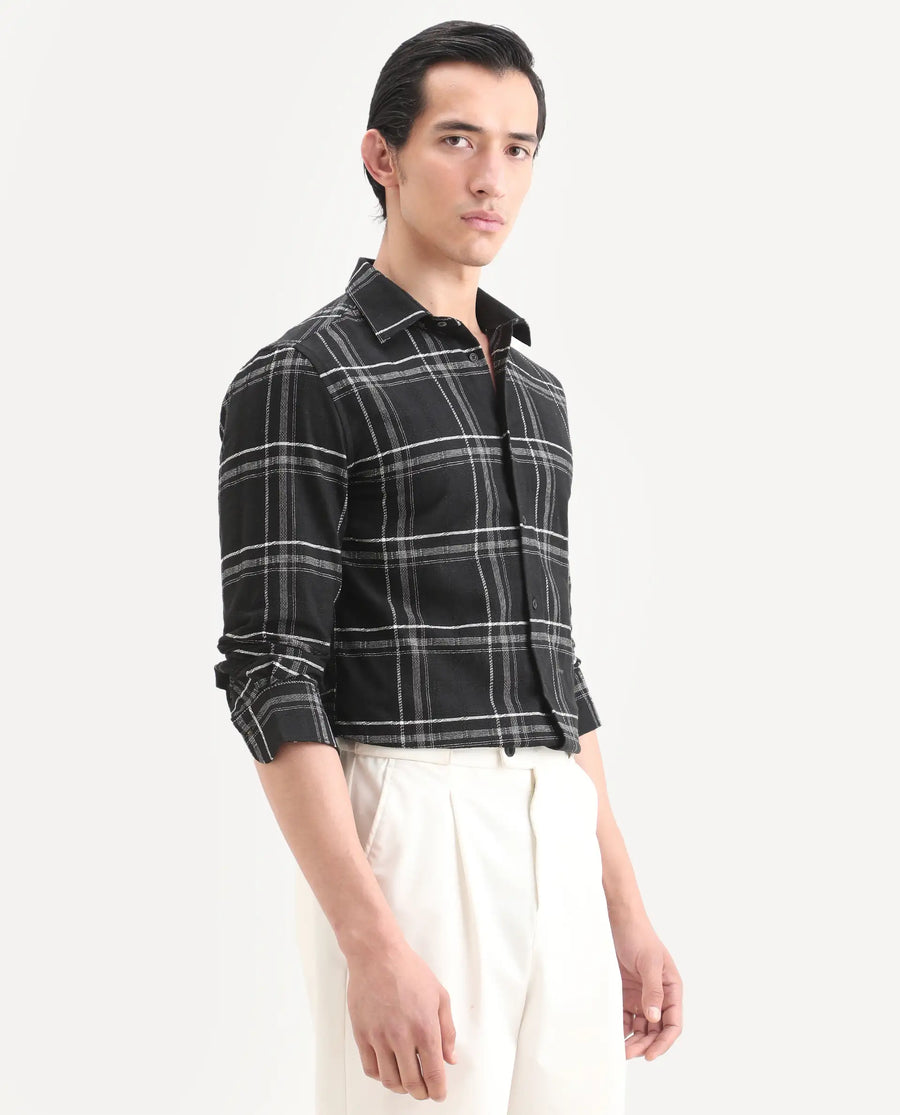 Rare Rabbit Men's Hitra Black Cotton Blend Fabric Full Sleeve Spread Collar Regular Fit Checks Shirt