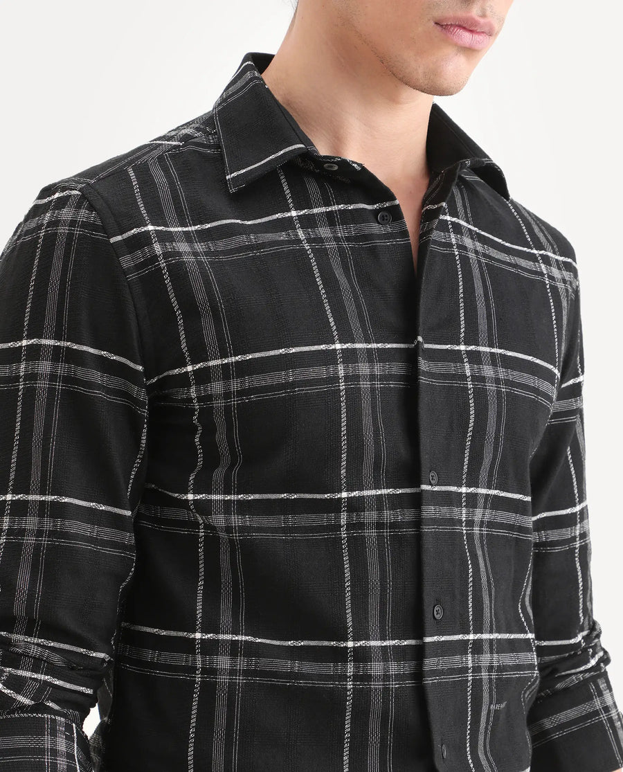 Rare Rabbit Men's Hitra Black Cotton Blend Fabric Full Sleeve Spread Collar Regular Fit Checks Shirt
