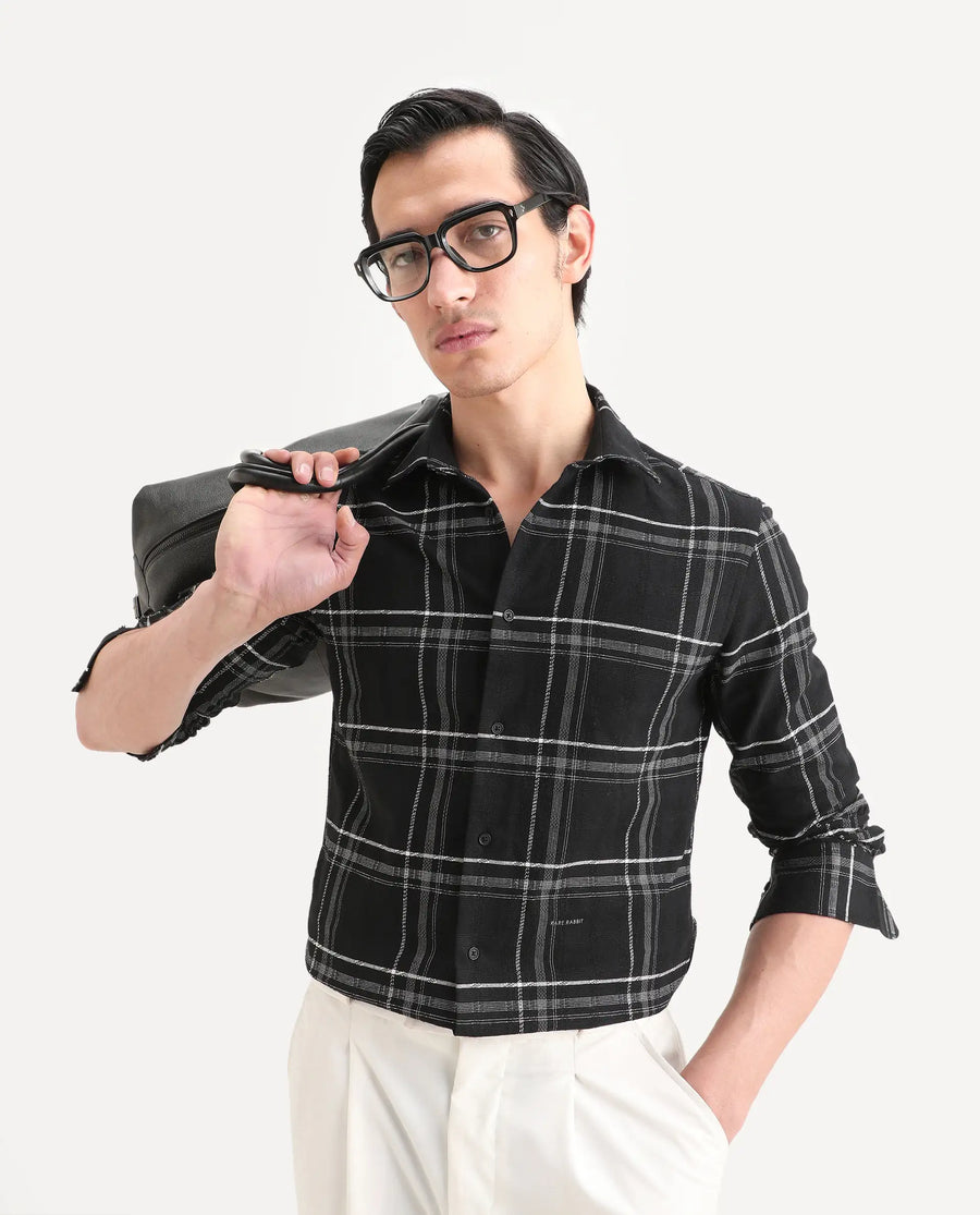 Rare Rabbit Men's Hitra Black Cotton Blend Fabric Full Sleeve Spread Collar Regular Fit Checks Shirt