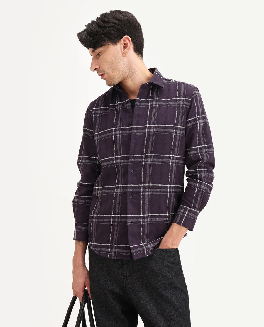 Rare Rabbit Men's Hitra Purple Cotton Blend Fabric Full Sleeve Spread Collar Regular Fit Checks Shirt