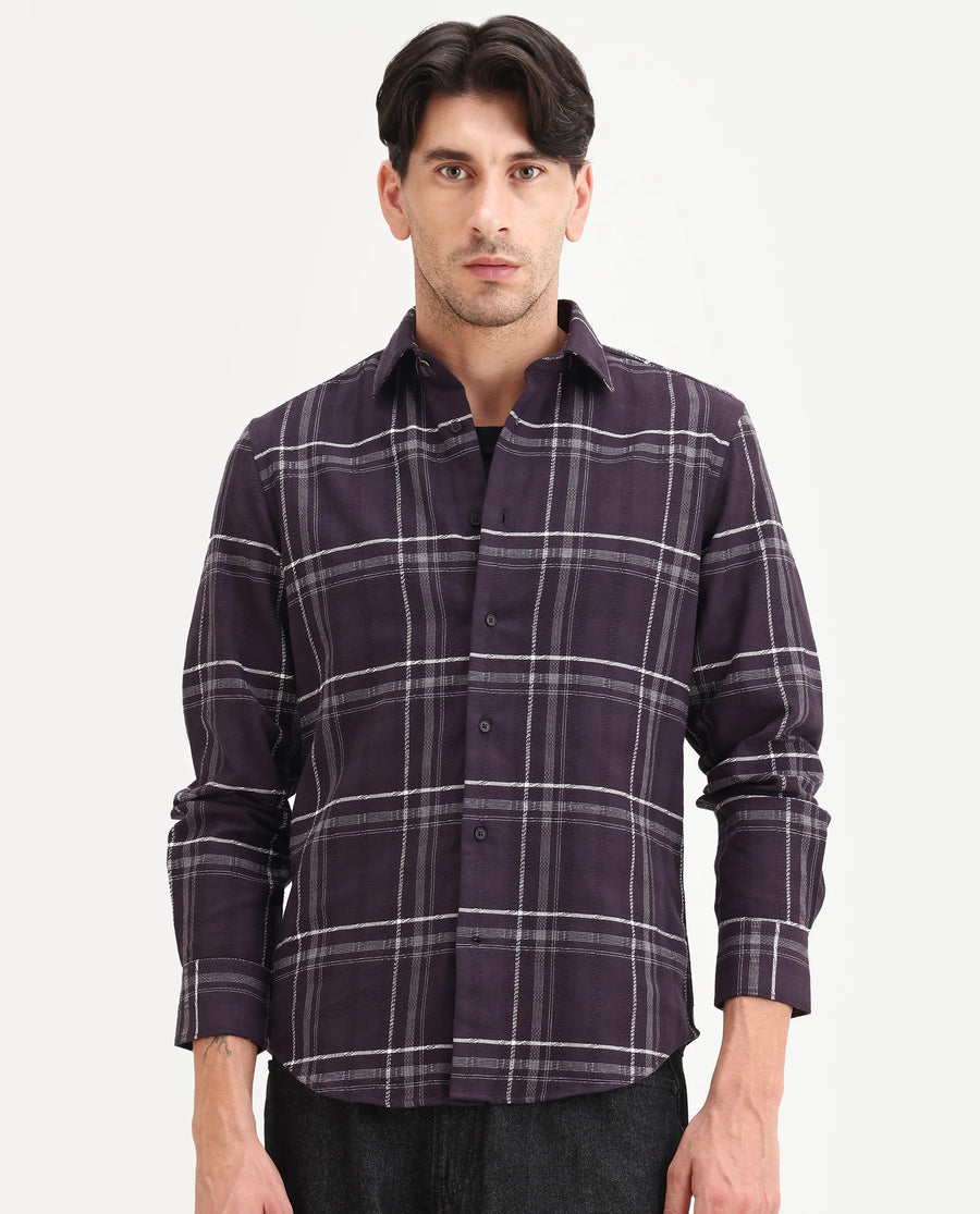 Rare Rabbit Men's Hitra Purple Cotton Blend Fabric Full Sleeve Spread Collar Regular Fit Checks Shirt