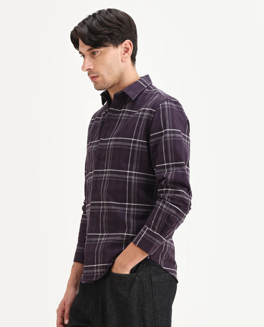 Rare Rabbit Men's Hitra Purple Cotton Blend Fabric Full Sleeve Spread Collar Regular Fit Checks Shirt