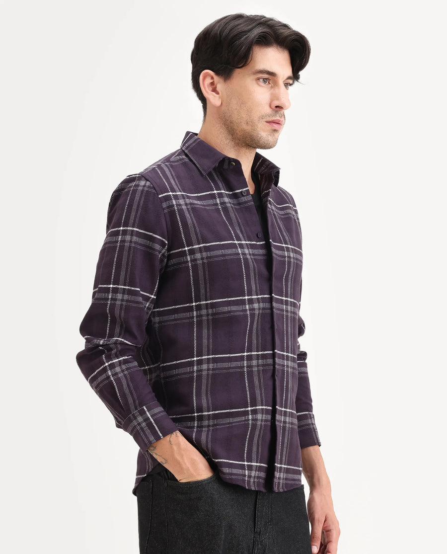 Rare Rabbit Men's Hitra Purple Cotton Blend Fabric Full Sleeve Spread Collar Regular Fit Checks Shirt