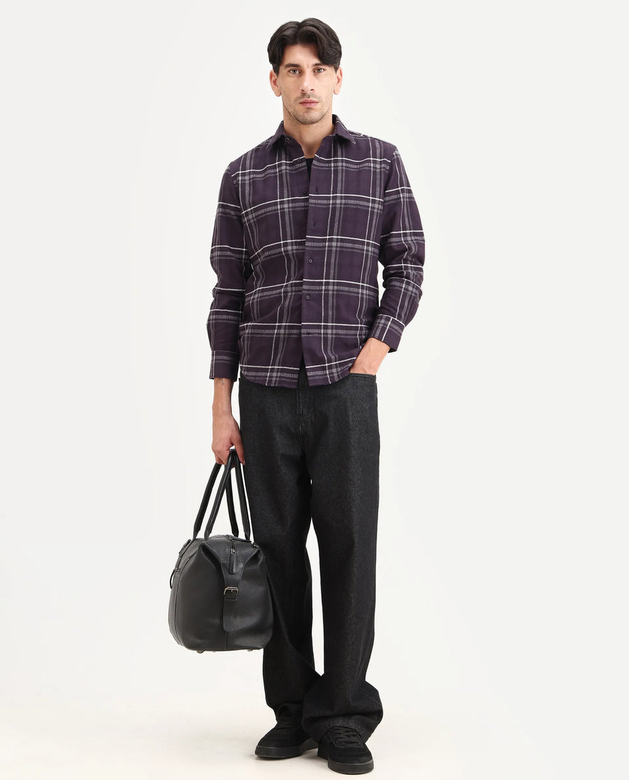 Rare Rabbit Men's Hitra Purple Cotton Blend Fabric Full Sleeve Spread Collar Regular Fit Checks Shirt