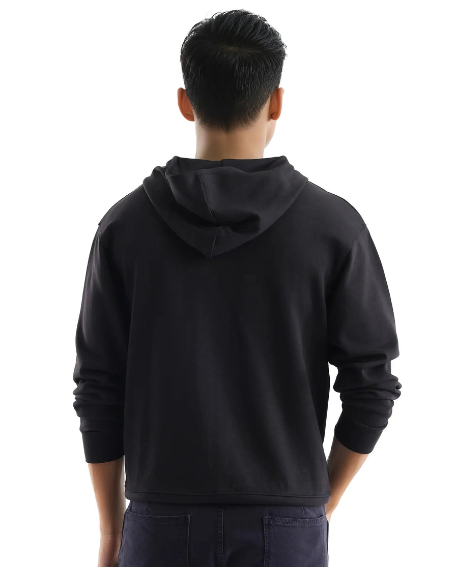 Rare Rabbit Men's Hobbs Black Cotton Blend Plain Regular Fit Full Sleeve Hooded Sweatshirt