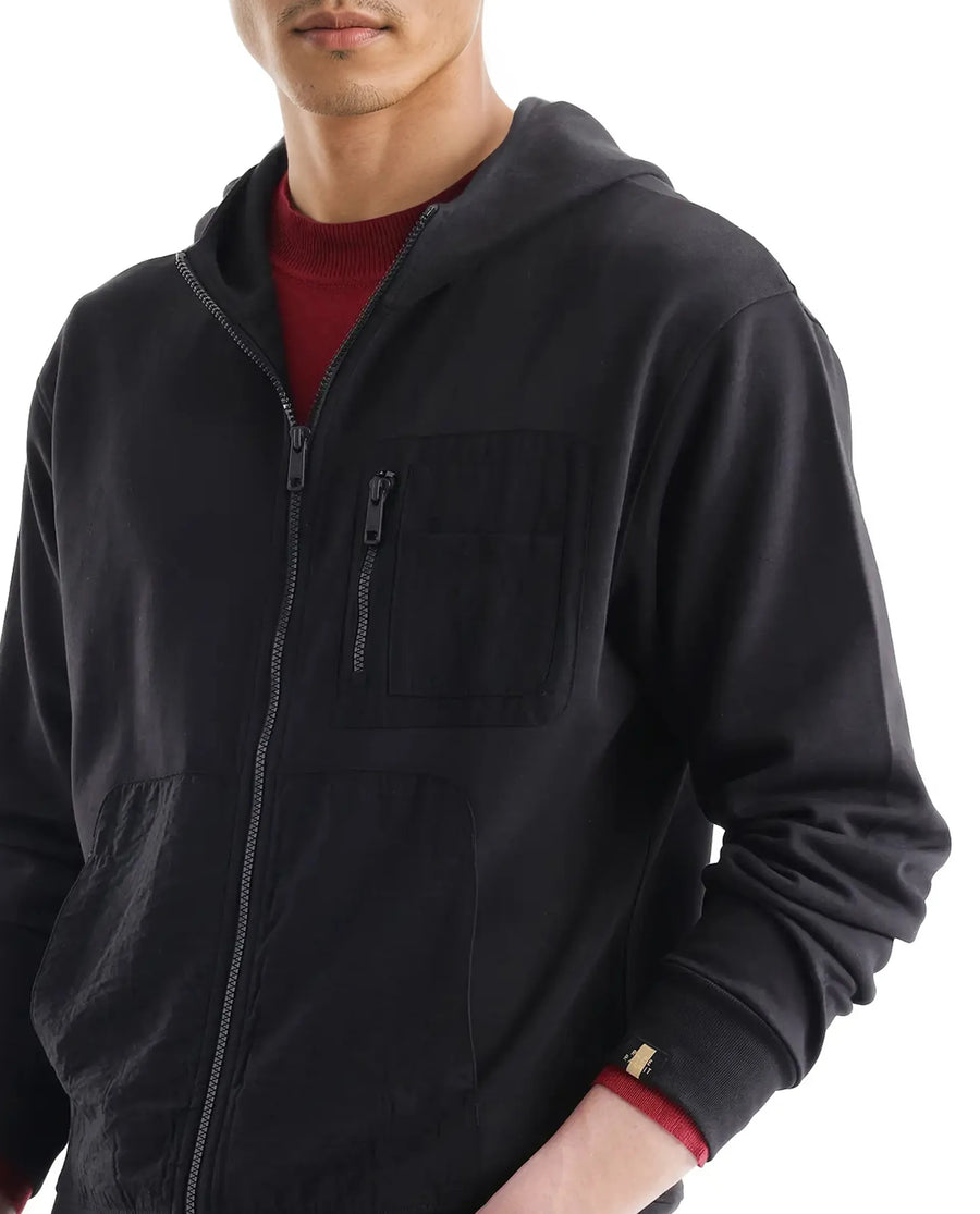 Rare Rabbit Men's Hobbs Black Cotton Blend Plain Regular Fit Full Sleeve Hooded Sweatshirt