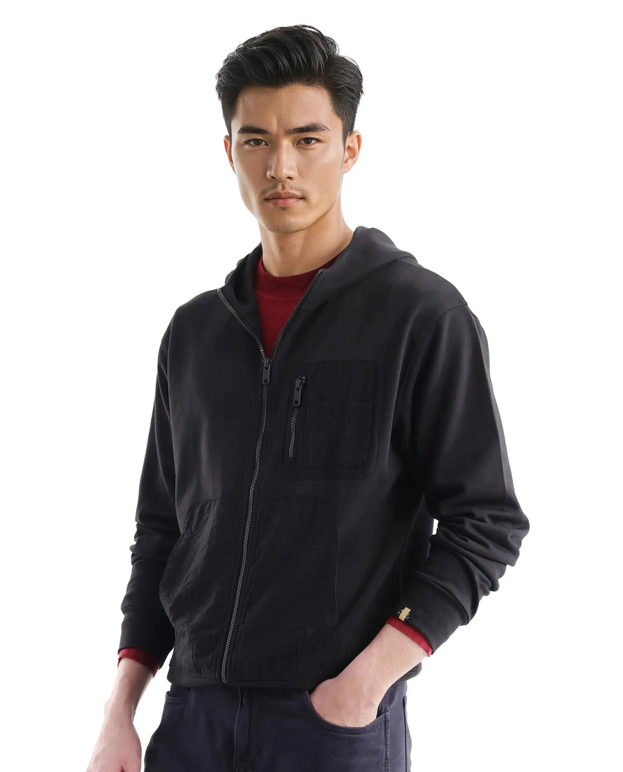 Rare Rabbit Men's Hobbs Black Cotton Blend Plain Regular Fit Full Sleeve Hooded Sweatshirt