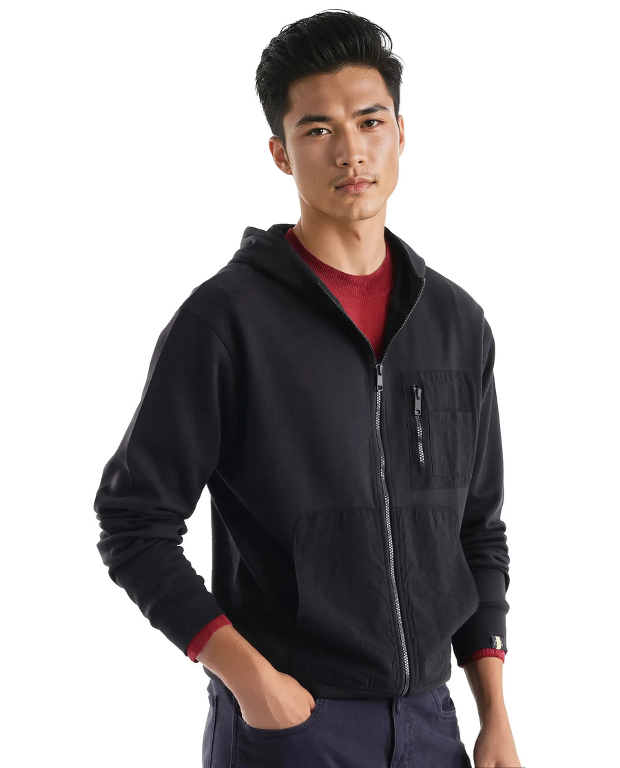 Rare Rabbit Men's Hobbs Black Cotton Blend Plain Regular Fit Full Sleeve Hooded Sweatshirt