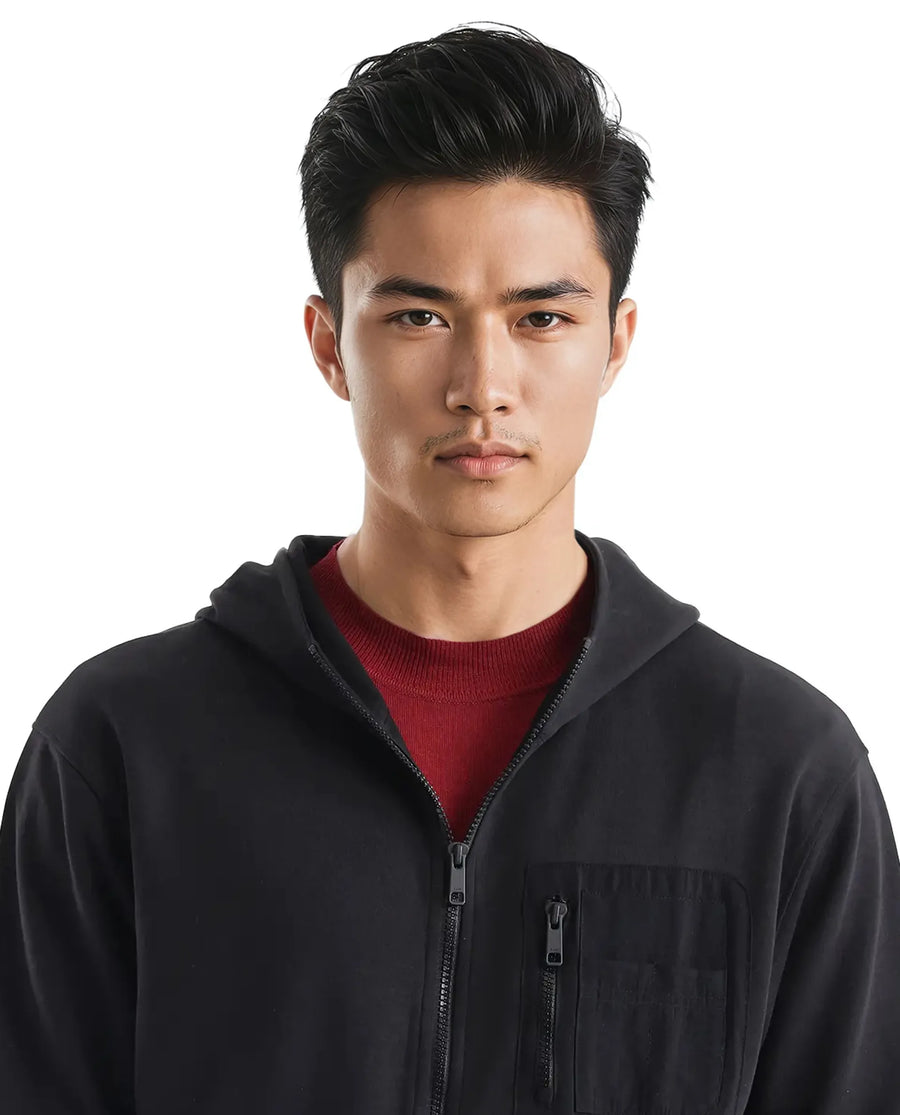 Rare Rabbit Men's Hobbs Black Cotton Blend Plain Regular Fit Full Sleeve Hooded Sweatshirt