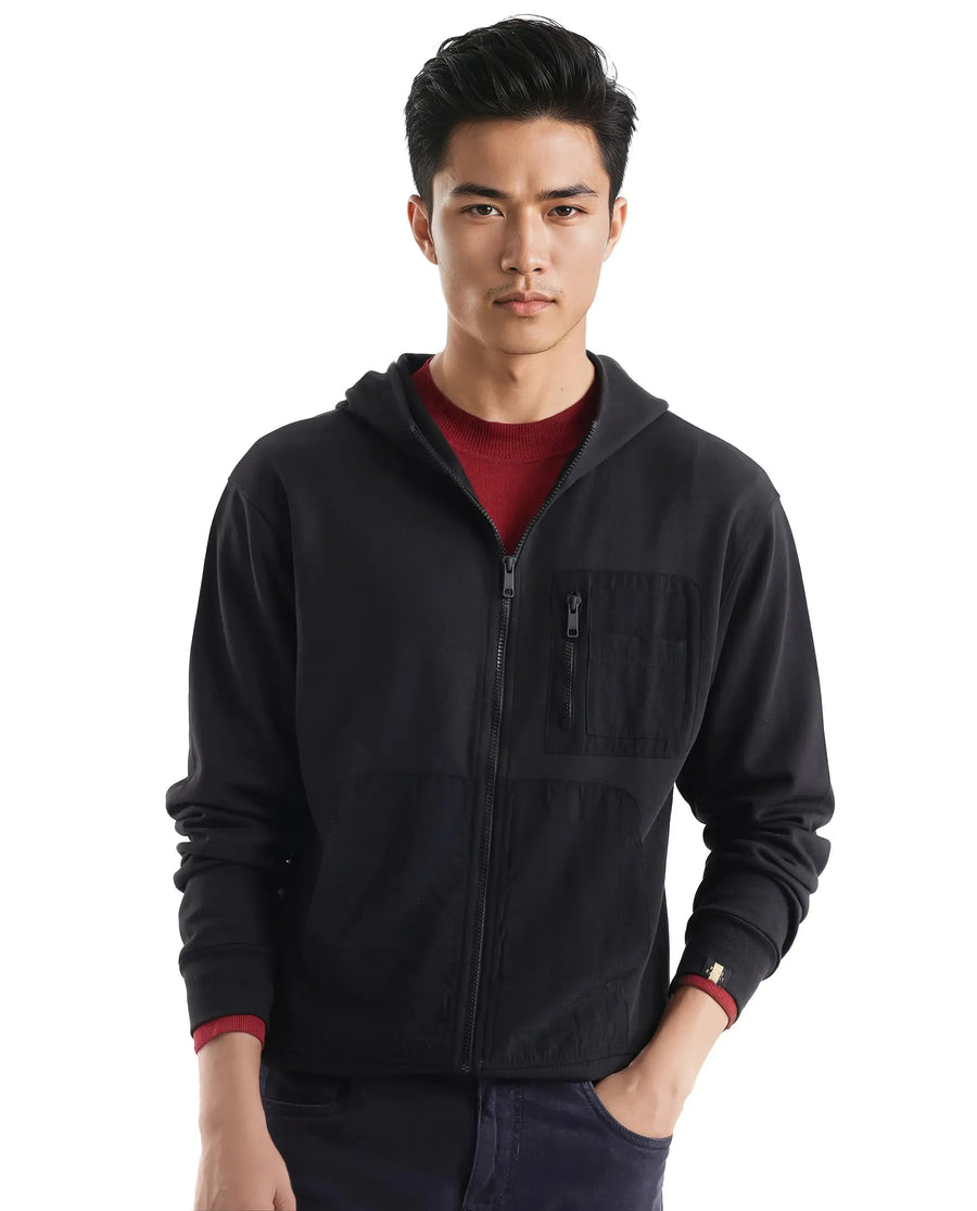 Rare Rabbit Men's Hobbs Black Cotton Blend Plain Regular Fit Full Sleeve Hooded Sweatshirt