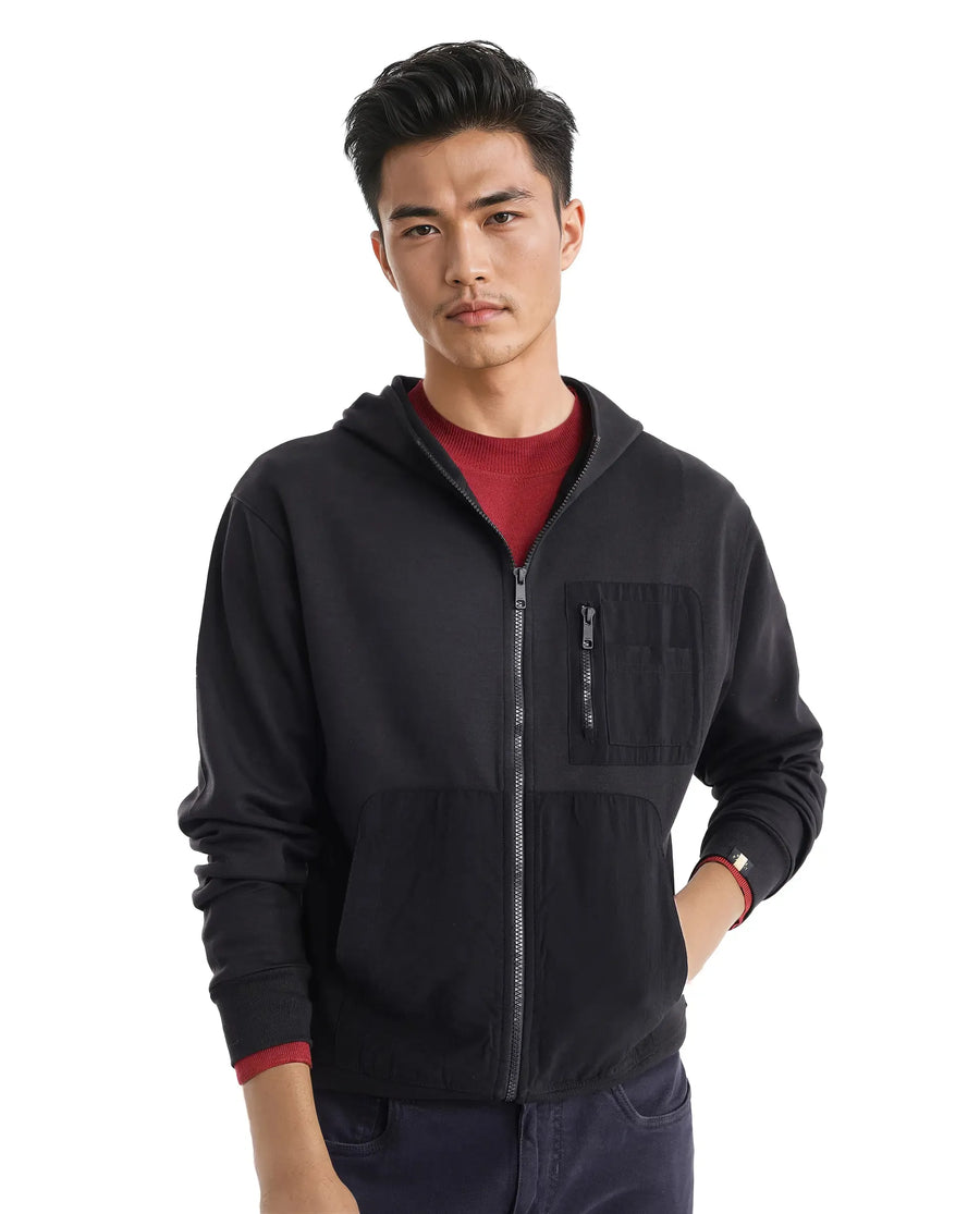 Rare Rabbit Men's Hobbs Black Cotton Blend Plain Regular Fit Full Sleeve Hooded Sweatshirt