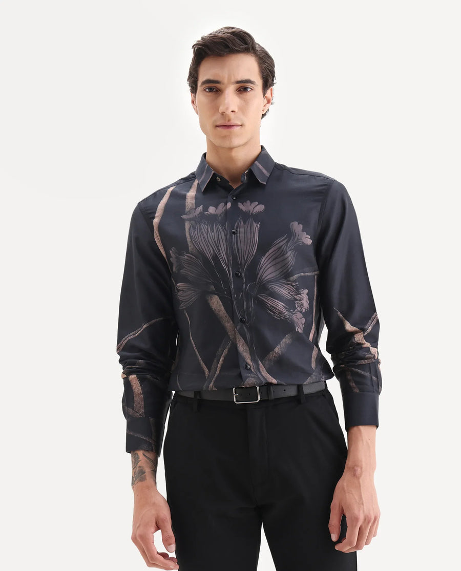 Rare Rabbit Men's Hofd Dusky Black Cotton Blend Fabric Spread Collar Regular Fit Floral Print Shirt